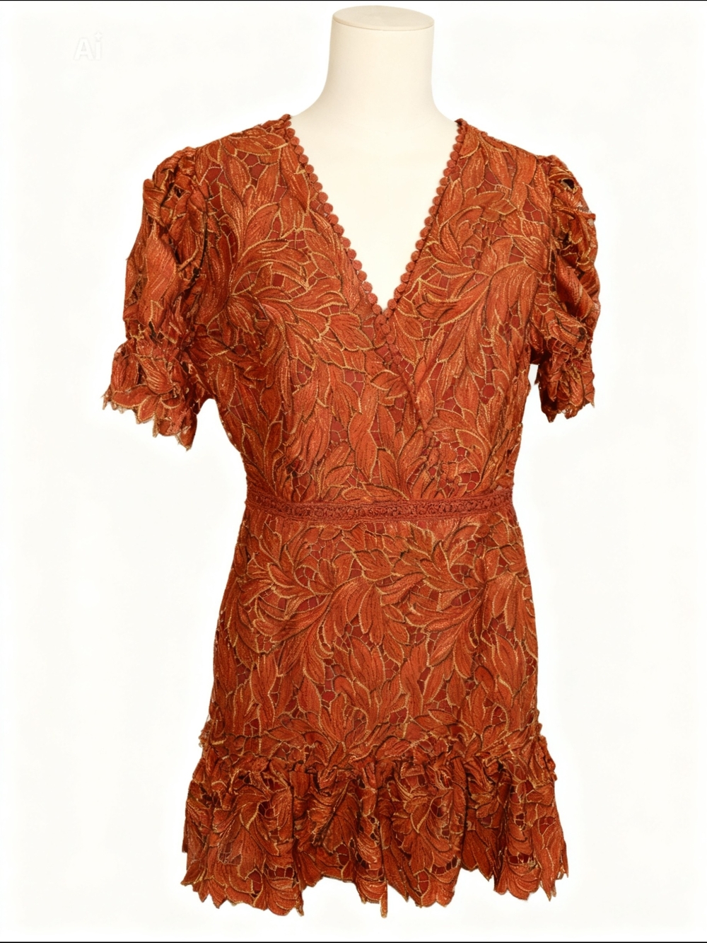Rust Embroidered V-Neck Short Dress Just ME